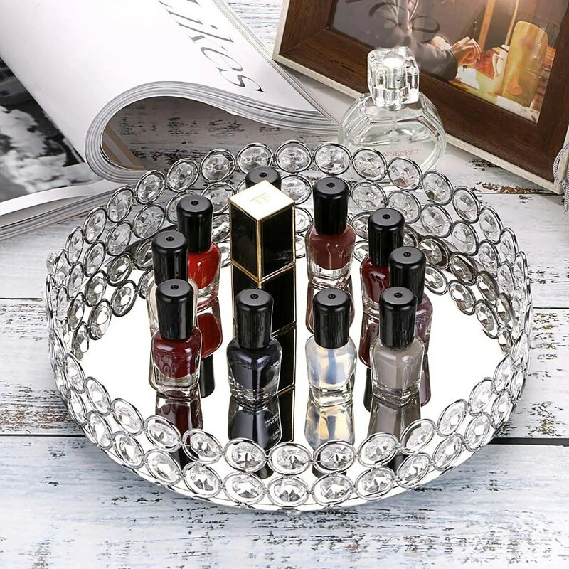 Crystal Makeup Tray Storage Baskets Box Home Organizer for Necklace Dessert Plate Tray Decorative Vanity Jewelry Serving Tray