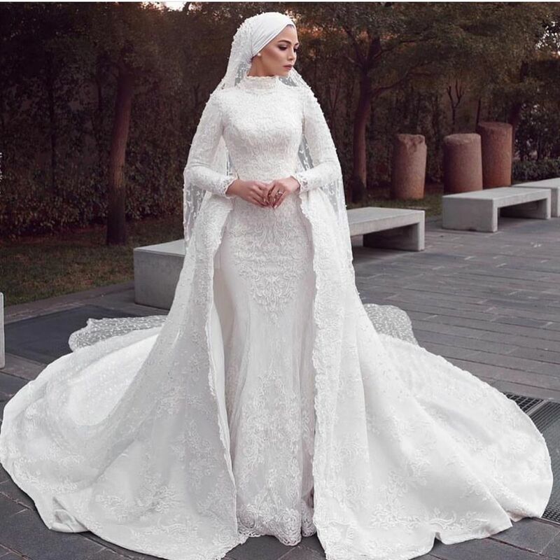 Платье свадебное со съемным шлейфом, сдержанная мусульманская Русалка, Кружевная аппликация, винтажный хиджаб со шлейфом