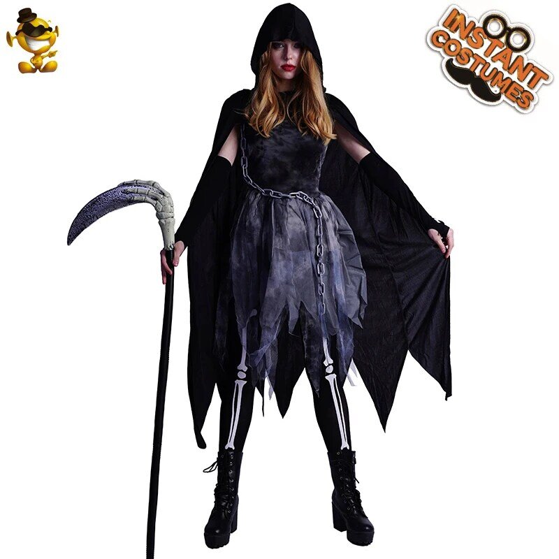 ผู้หญิง Skeleton Costume Role Play Grim Reaper ผู้ใหญ่ Halloween Party เครื่องแต่งกาย Cosplay น่ากลัว Skull Bone เสื้อผ้า