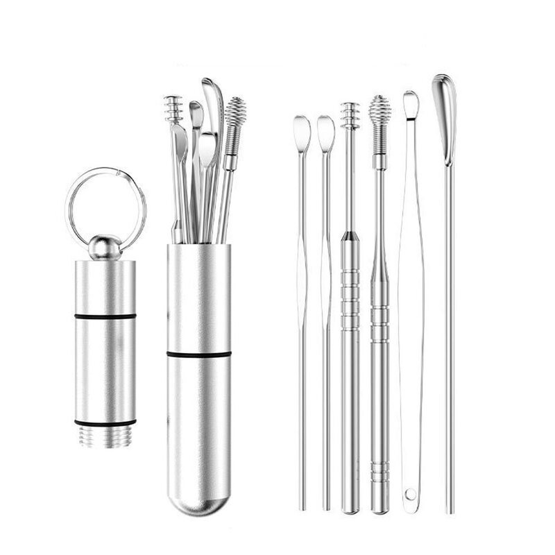 6 Pcs/Set Portable Ear Pick Spoon 360° Cleaning Spiral Earpick Ear Wax Remover Cleaner Stainless Steel Ear Care Beauty Tools