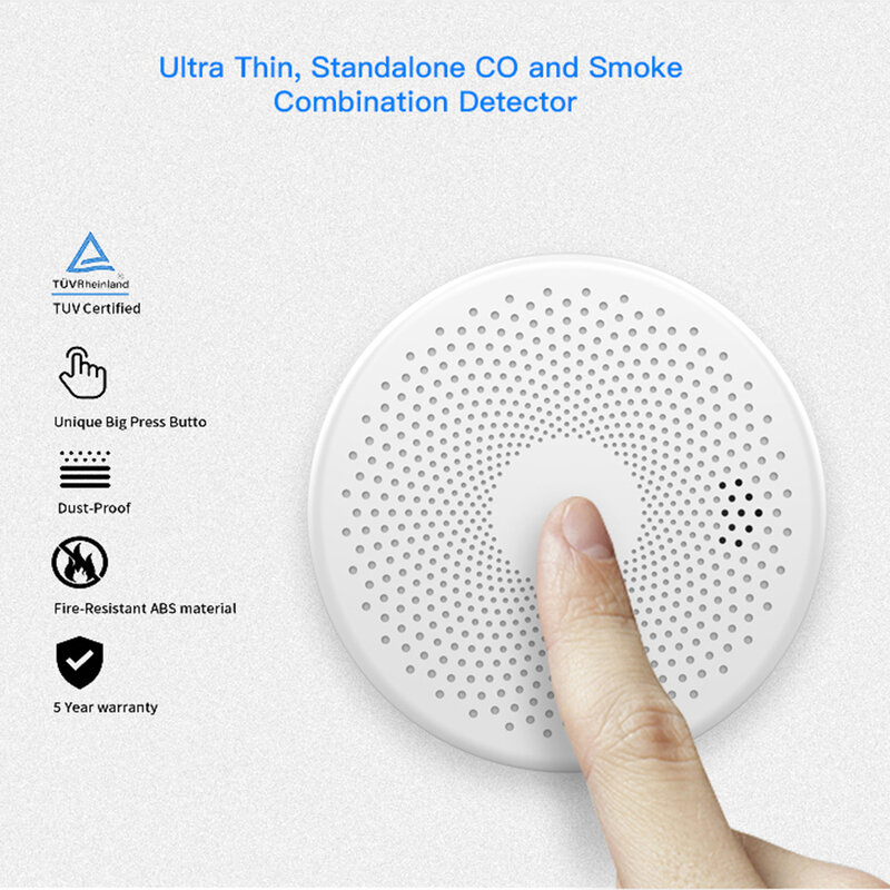 CPVAN Tuya WIFI Smoke Detector Carbon Monoxide Sensor 2 in 1 Smart Life Wireless CO Gas Fire Alarm for Home Security Protection