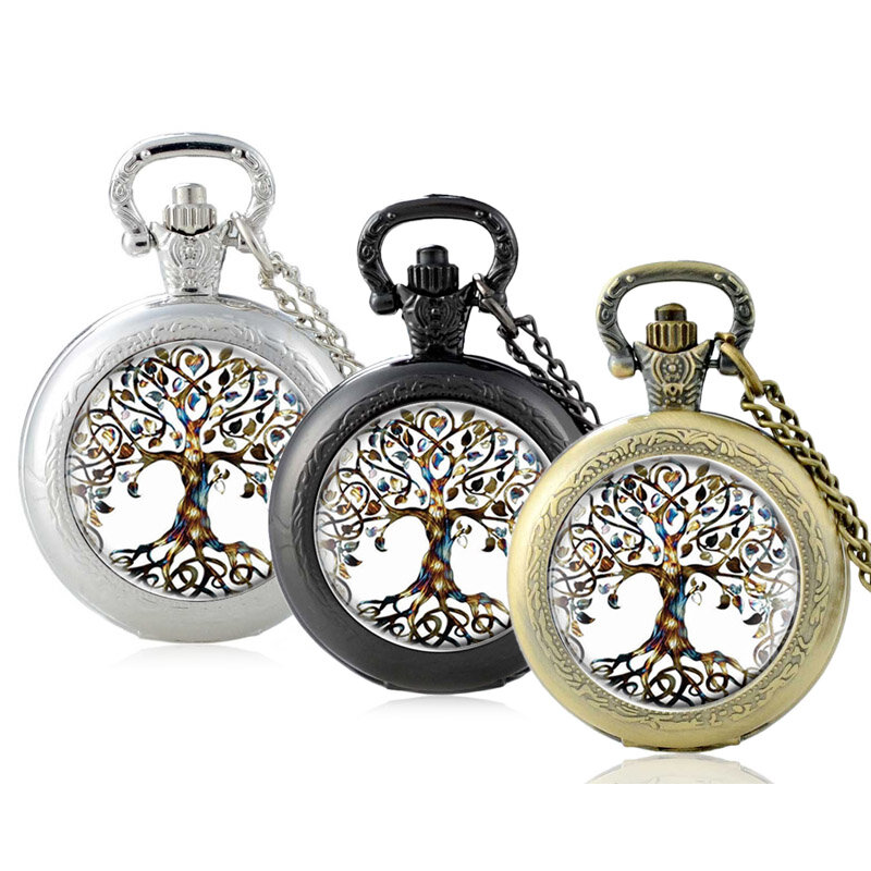 สีดำคลาสสิกแฟชั่น Tree Of Life ออกแบบแก้ว Cabochon ควอตซ์นาฬิกาพ็อกเก็ตนาฬิกา Vintage ผู้ชายผู้หญิงสร้อยคอจี้สร้อยคอ