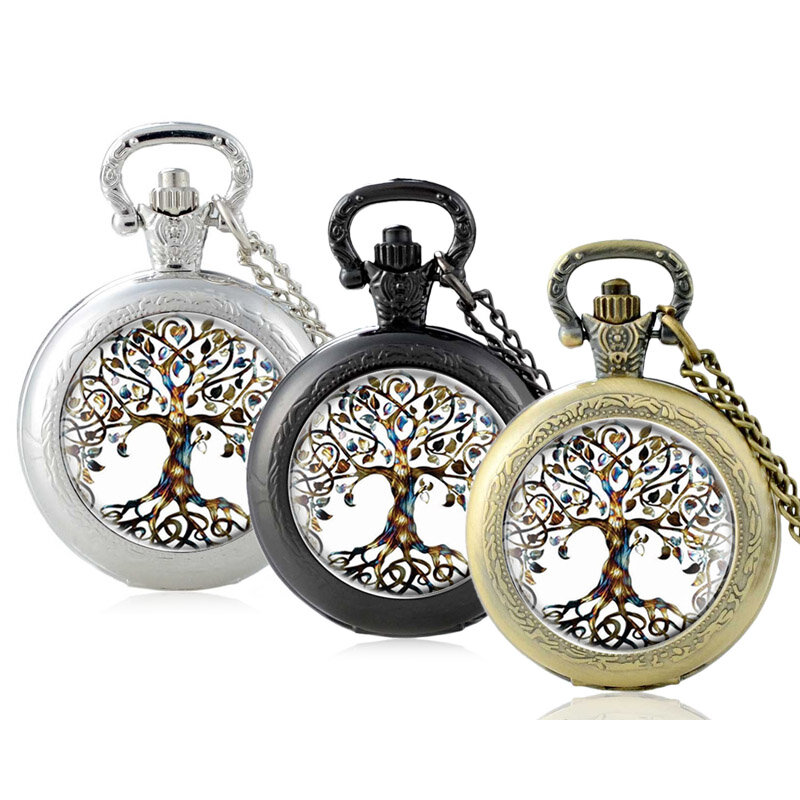 Black Classic Fashion The Tree of Life Design Glass Cabochon Quartz Pocket Watch Vintage Men Women  Pendant Necklace Chain