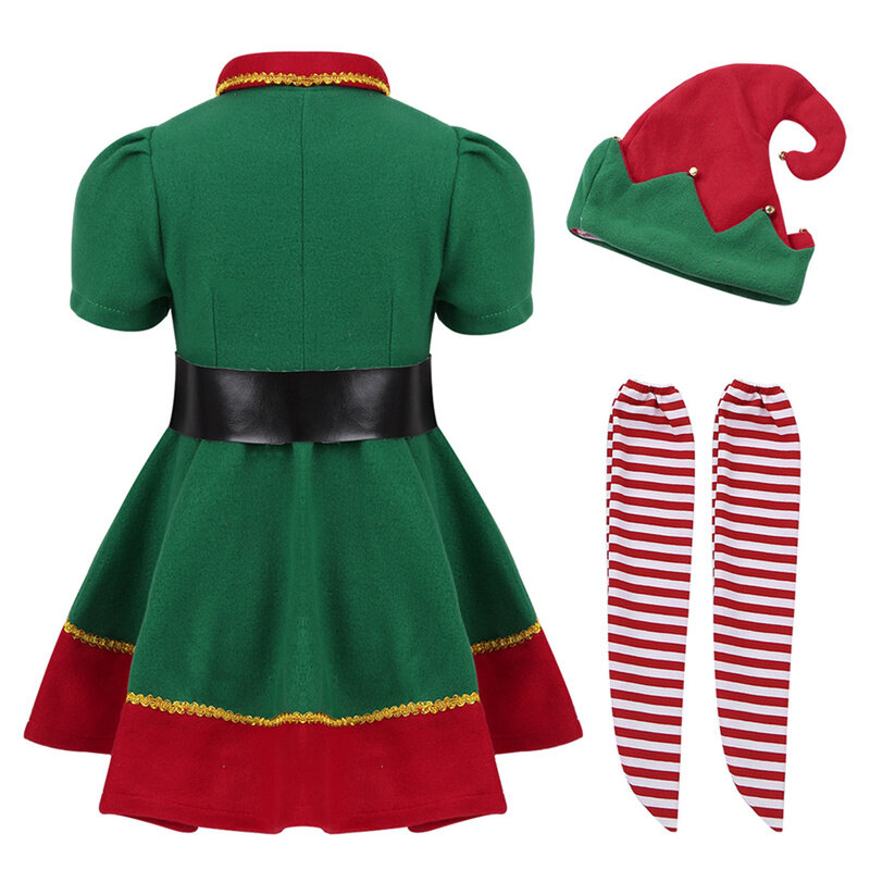 2019 crianças verde fantasia festival natal, elf papai noel clássica para meninas ano novo criança roupas fantasia vestido de festa natal vestido