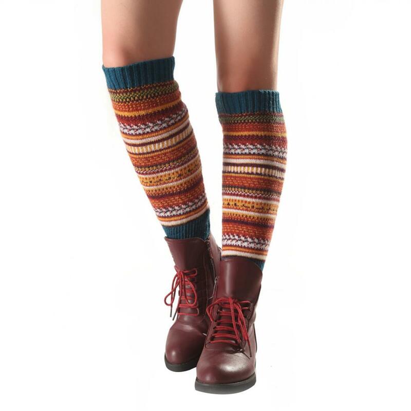 Женские чулки в радужную полоску, вязаные теплые зимние носки без ног, до колена, модные носки