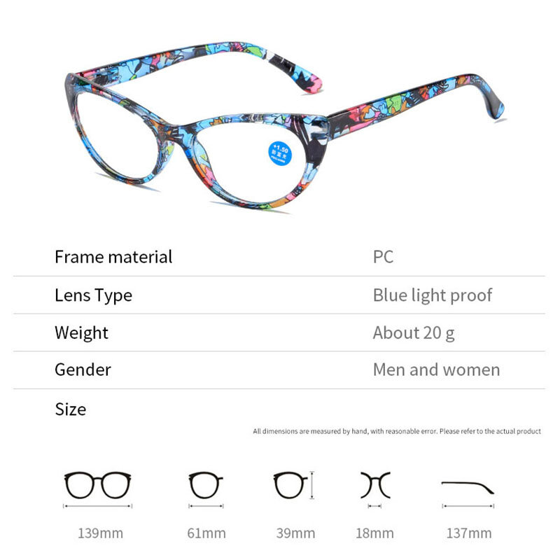 Ahora Reto Kacamata Baca Motif Bunga Kacamata Komputer Cateye Ringan Anti Biru Wanita Kacamata Pembaca Wanita Dengan + 1.0 Hingga + 4.0