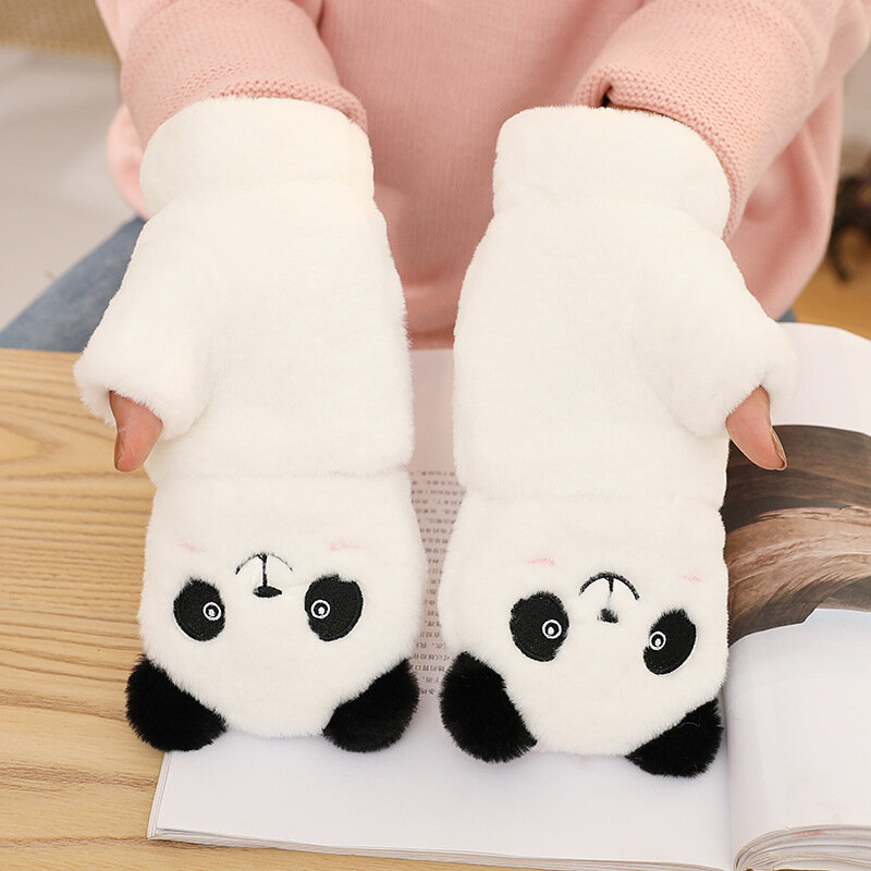 Female accessories touch screen gloves cashmere cartoon panda half finger flip gloves driving warm Cold protection gloves E21