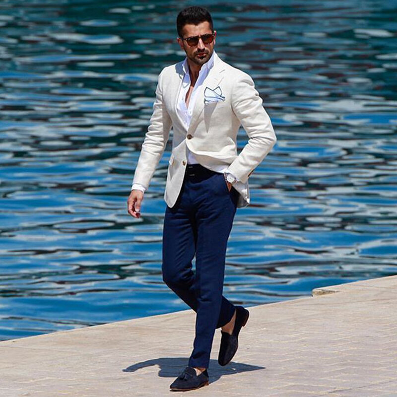 ANNIEBRITNEY-traje blanco de 2 piezas para hombre, traje ajustado con pantalones azul marino, a medida, esmoquin ajustado para novio, boda, graduación, conjunto de traje
