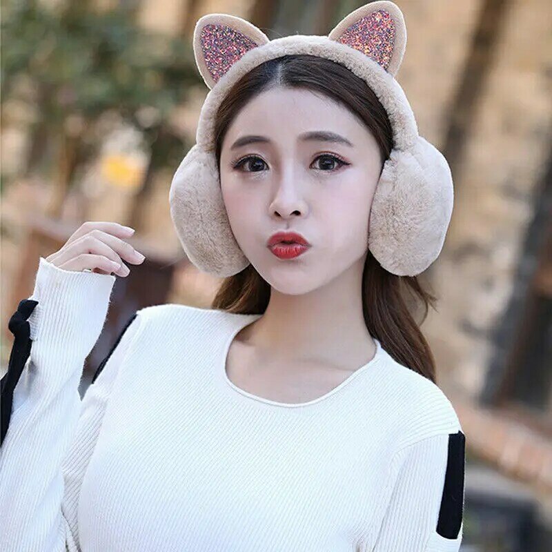 Girl Winter Cat Earmuffs Fur Warm Women Ear Protect Cute Faux Soft Fluffy Earcap Sequin Earmuffs Headband Newest