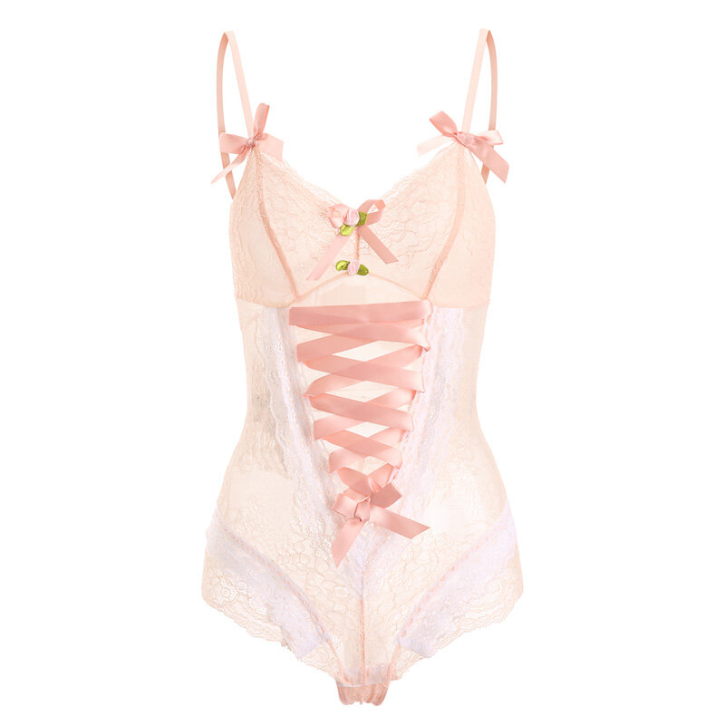 Sexy Mousse Sexy Pink Female Summer Thin Lace Bow Perspective Sheer Sling Backless Concealed Bottom Bodysuit Piece Sleepwear