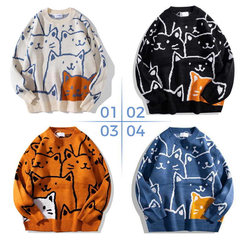 Japanese Harajuku Vintage Sweater Men Autumn Winter Cartoon Loose Knitted Sweater Hip Hop Streetwear Knitwear Pullovers