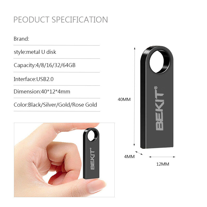 Bekit USB Flash Drive 64GBโลหะPendrive USB Stick 32GB Pen Driveความจุจริง16GB USB 2.0 Flash Diskสี่เหลี่ยมผืนผ้า