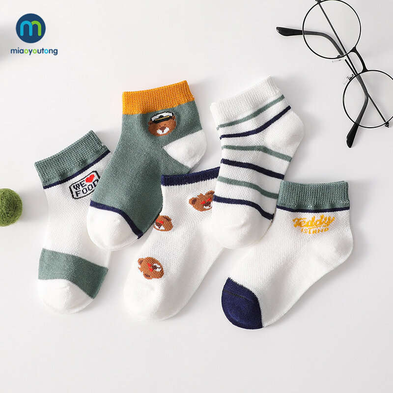 Miaoyoutong-Meias de malha fina para bebês meninos e meninas, meias de tubo infantil, meias curtas recém-nascidas, animal fofo, primavera, verão, 5 pares por conjunto