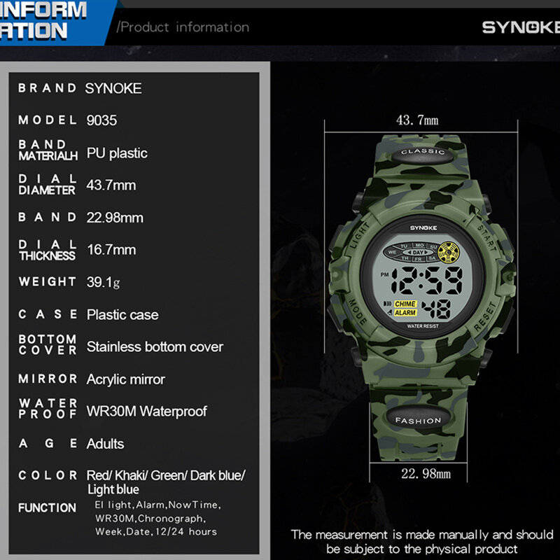 SYNOKE-9035 공식 어린이 시계, 남아/여아 LED 디지털 전자 손목 시계, 학생 군사 어린이 스포츠 시계, 어린이 시계