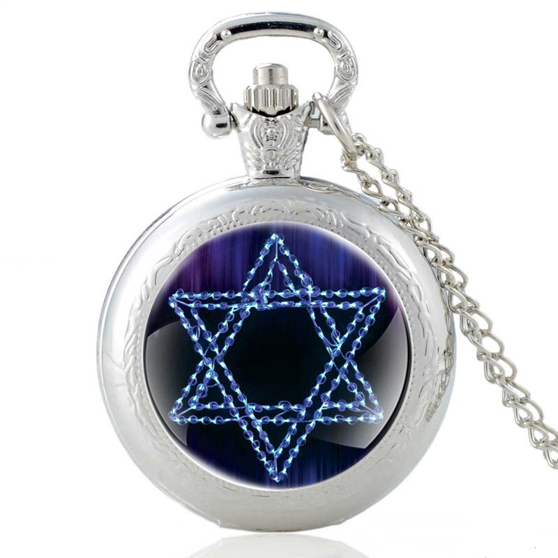 Reloj de bolsillo con colgante para hombre y mujer, pulsera de cuarzo con hexagrama, plata, estilo judaísmo Vintage, collar de alta calidad, regalos, novedad