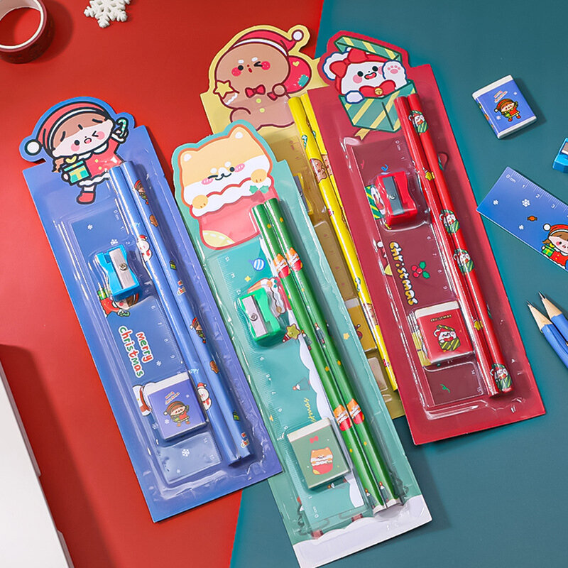 5 قطعة لطيف عيد الميلاد القرطاسية مجموعة قلم رصاص مبراة ممحاة حاكم مجموعة هدية للطلاب مدرسة مكتب الكتابة اللوازم