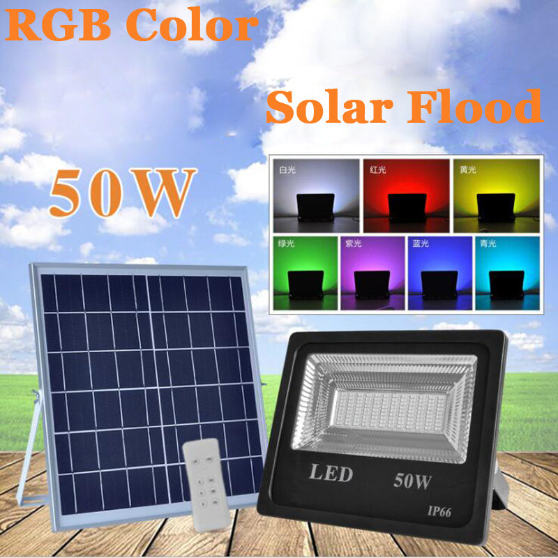 10PCS 50W 100W LED Solar Flood Light RGB Colorful Outdoor Floodlight Garden Wall Solar Powered LED Flood Light Remote Controller