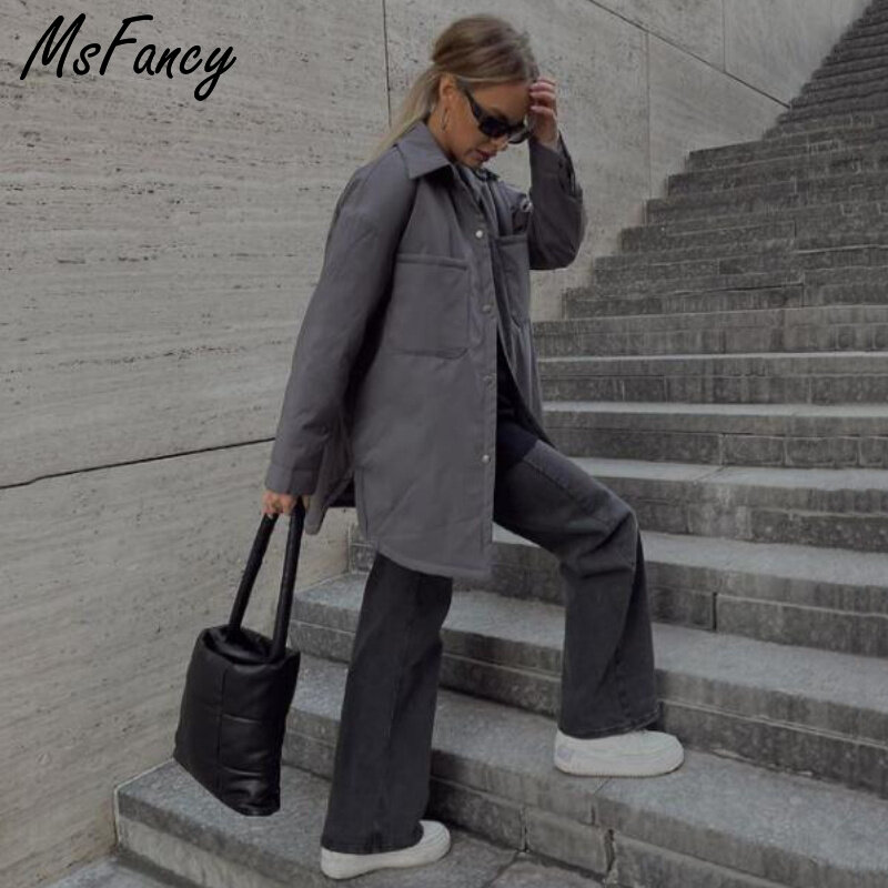 Msfancy-jaqueta bomber acolchoada para mulheres, estilo coreano, peito único, casaco solto com bolsos, outwear para mulheres, 2022