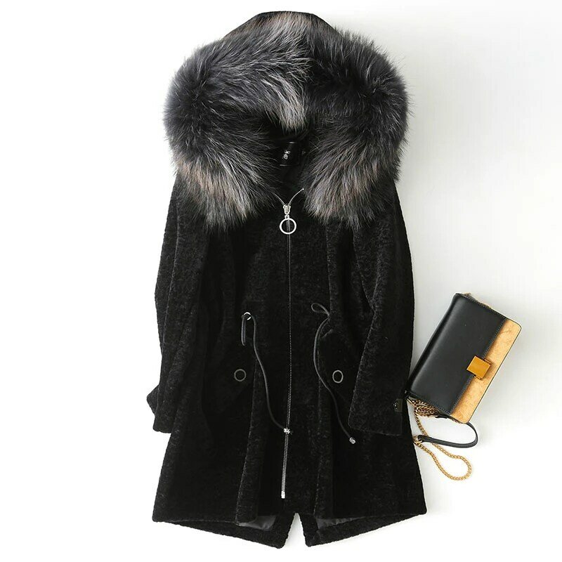 Abrigo de piel auténtica para mujer, abrigo de lana de oveja con Cuello de piel de mapache Natural con capucha, chaqueta de invierno, 2020
