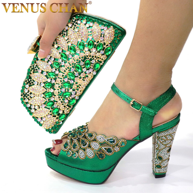 2020 NEW GREEN With Print Desgin Shoes And Evening Bag Set Hot Sale Sandal Shoes With Handbag  Heel Height 10.5CM