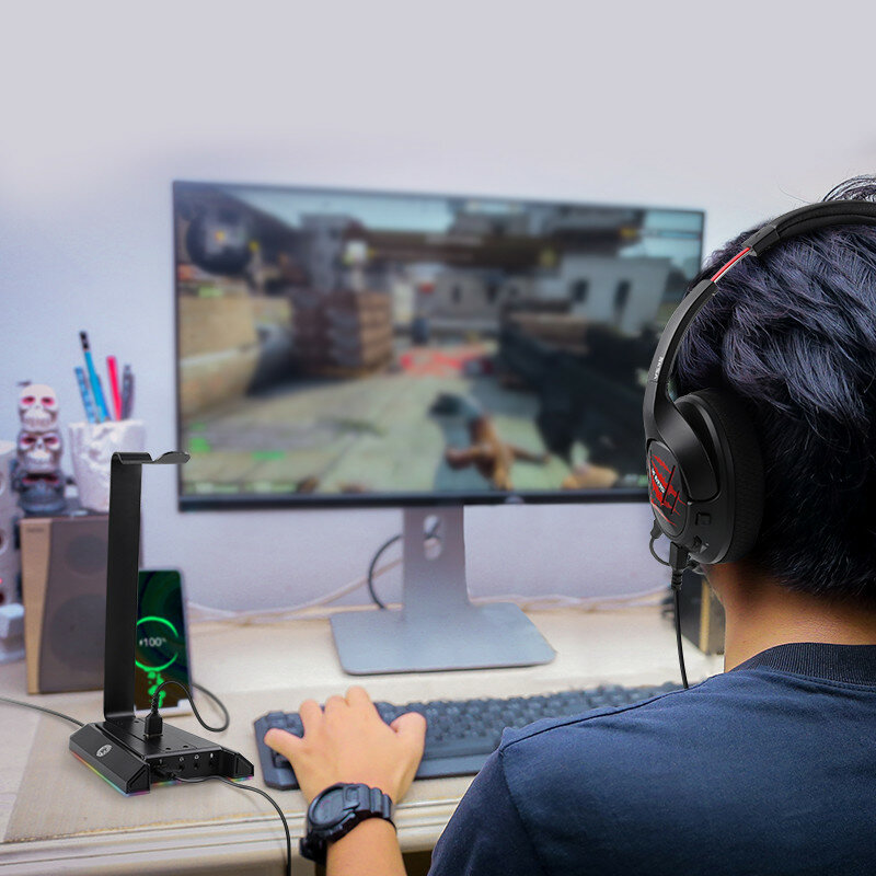 Eksa w1 gaming headset stand com 7.1 surround/2 portas usb e 3.5mm rgb fones de ouvido titular para gamer gaming pc acessórios de mesa