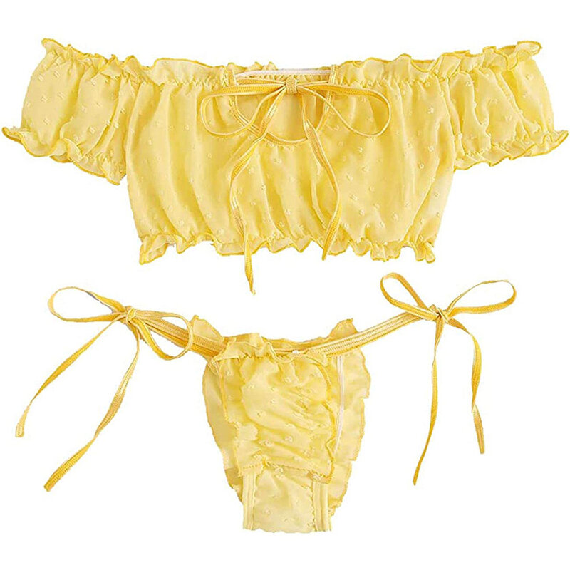 2Pcs Girls Sweet Bra + Tong Lingerie Set Lace Up Sexy Tie Ruffle Trim Dobby Mesh Homewear Garments