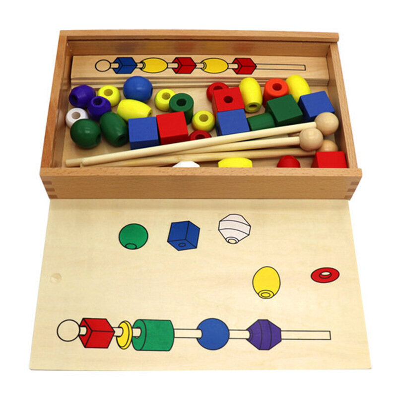 Alat Bantu Mengajar Montessori 3 Set Manik-manik Kayu Besar Enam Warna TK Pendidikan Dini Warna dan Bentuk Mainan Kognitif