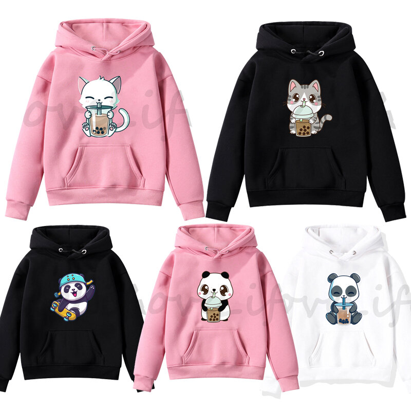 Kawaii Animals Boba Tea Hoodies Toddler Long Sleeve Kids Cartoon Panda Corgi Cat Fox Sweatshirt Boys Girls Teens Pullover Tops