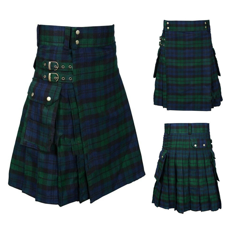 Moda masculina estilo escocês xadrez contraste cor bolso plissado saia calças masculinas escócia nova moda casual saia masculina