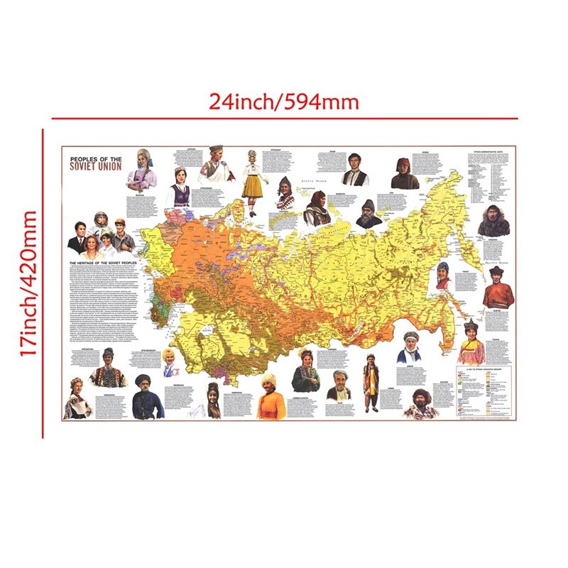 Póster antiguo del mapa del mundo de Rusia A2, mapa de Rusia, personas de la Unión Soviética, decoración del hogar, imagen del mapa del mundo, pegatinas de pared, 1976