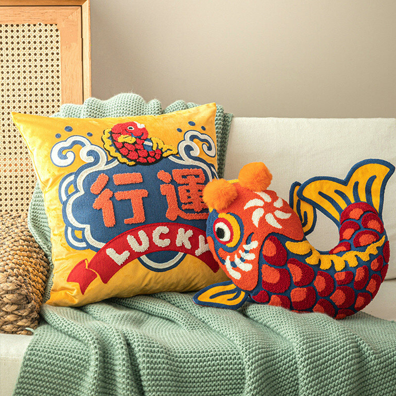 DUNXDECO Bantal Cover Dekoratif Bantal Sukacita Tradisional Cina Lucky Fish Bordir Bantal Penutup Sofa Kursi Tempat Coussin
