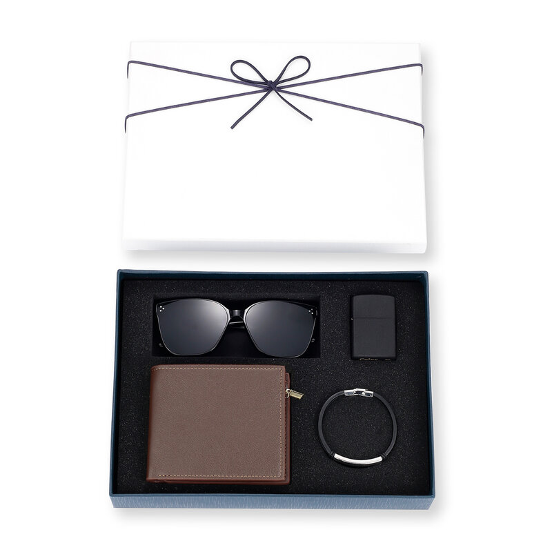Подарочный набор из четырех предметов, из искусственной кожи бумажник, солнцезащитные очки, зажигалка, Пользовательский логотип или имя, мужской браслет на заказ, Подарочная коробка для мужчин