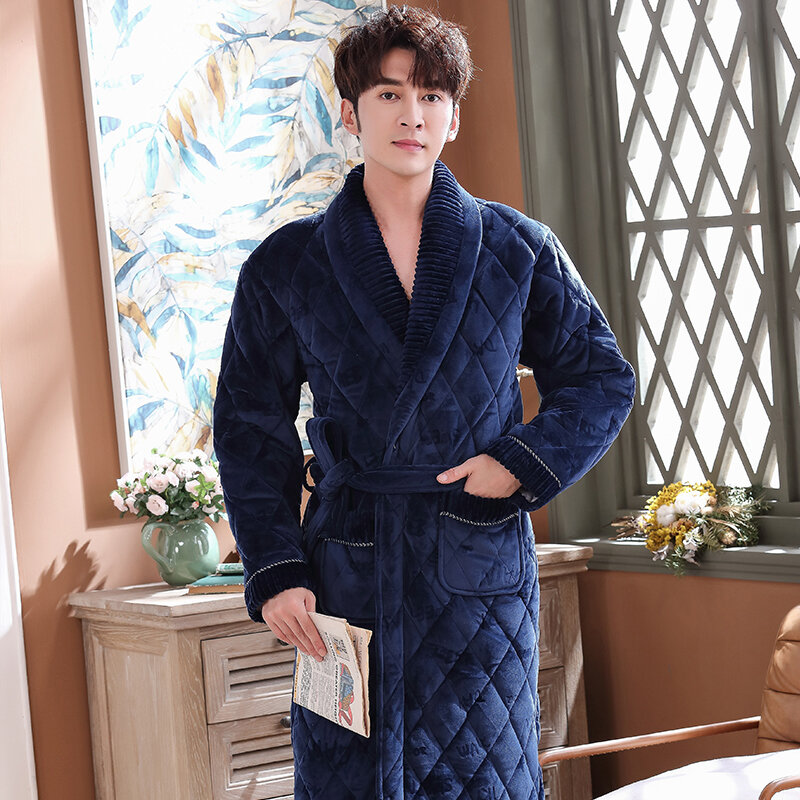 Roupão masculino de inverno, roupão de flanela com letras jacquard, manga comprida, acolchoado, robe longo para banho