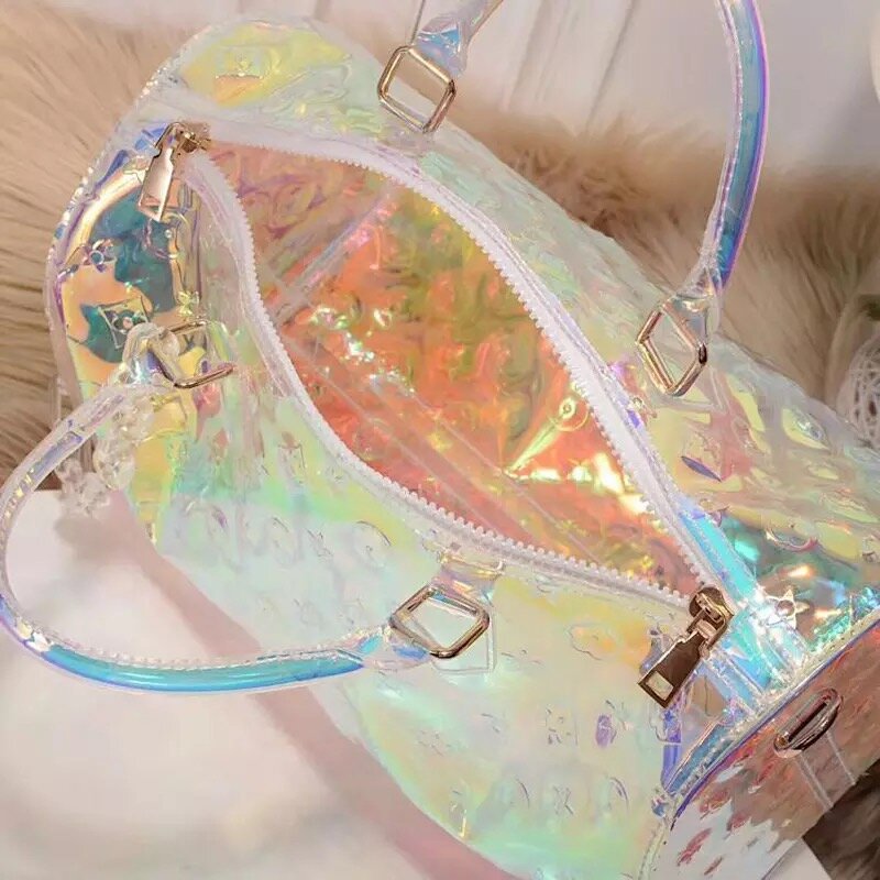 Bolso deportivo Rainbow Laser Gril, bolso de viaje para mujer brillante, equipaje holográfico de PVC transparente, 2019 bolsas para mujer, maletas con holograma