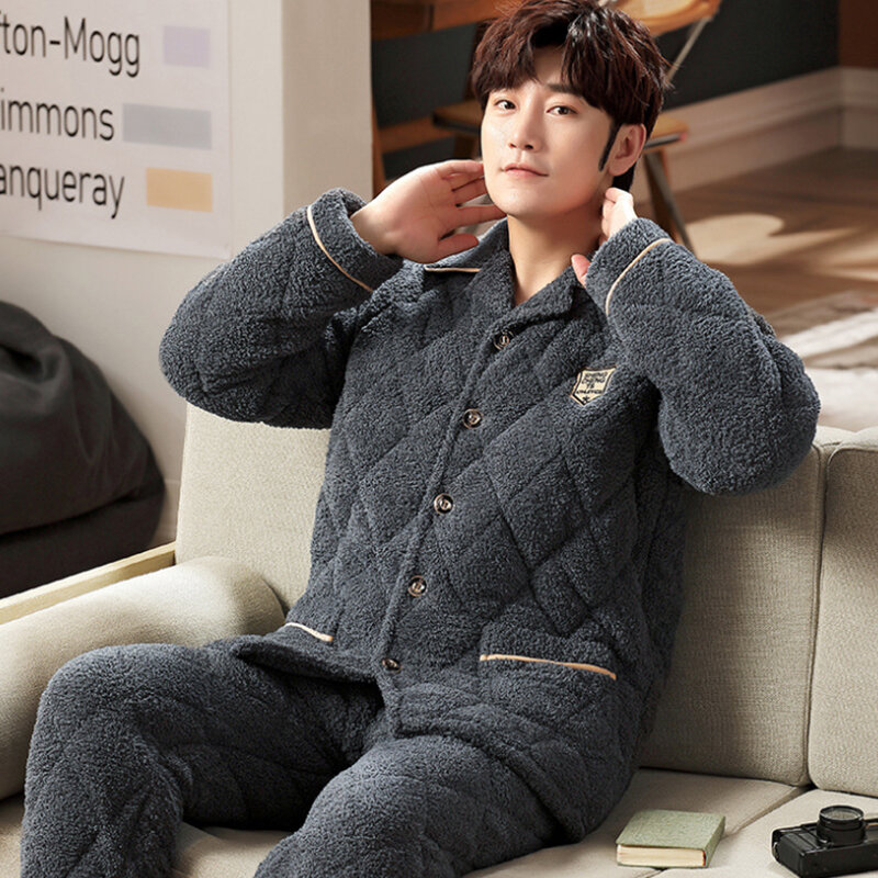 Conjunto de Pijama informal para hombre, ropa de dormir gruesa y cálida, de algodón transpirable con cintura elástica bordada