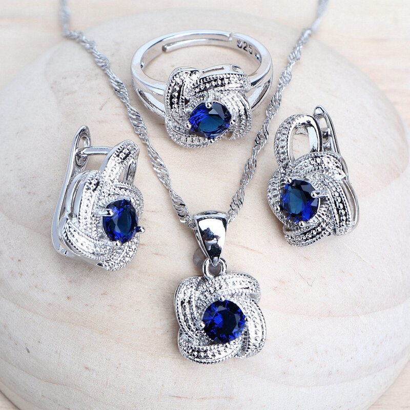 Set di gioielli da donna in Zirconia blu set di gioielli da sposa in argento Sterling 925 orecchini anelli bracciali collana con ciondolo