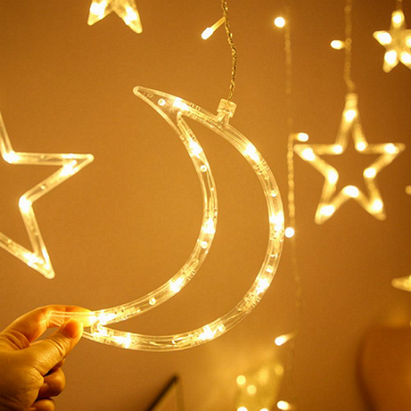 星と月のLEDカーテンライトガーランド,eid mubarakラマダン装飾,家庭用,2023 islam,イスラム教徒のイベント,パーティー用品