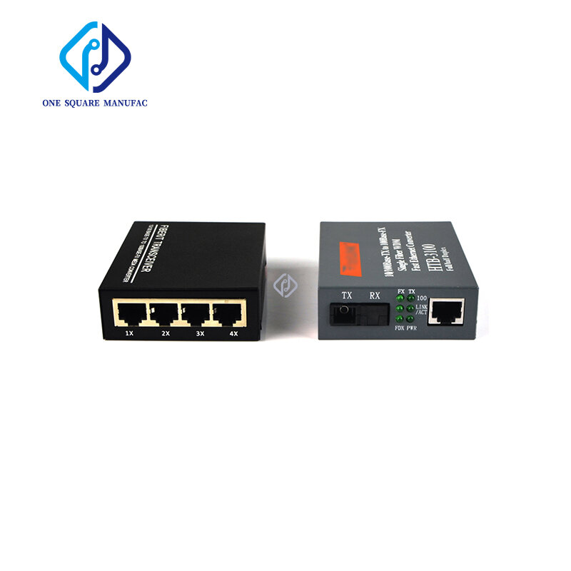 1 paio di Media ottici del convertitore 4 * RJ45 & 1 * SC HTB-3100 10/100Mbps 25KM RJ45 monomodale a fibra singola