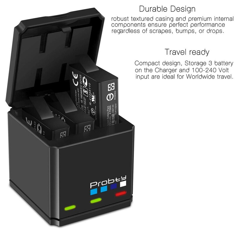 Probty-Paquete de baterías para cámara, cargador triple inteligente original con pantalla de carga LED para GoPro Hero 7/6/5