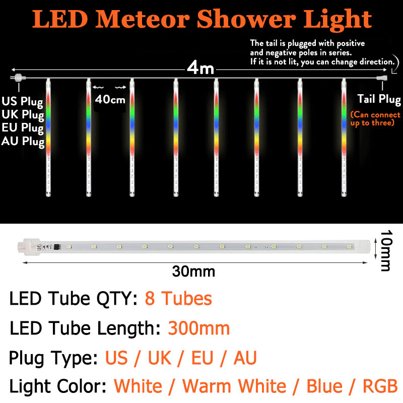 Светодиодная подсветка «метеоритный дождь», 8 трубок, 2 шт., 30 см