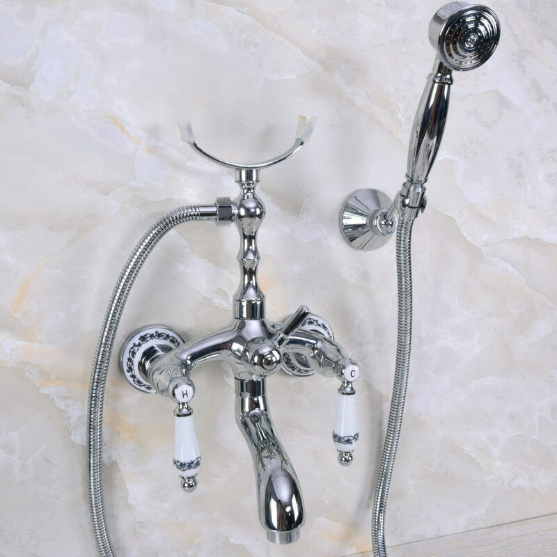Grifos de ducha cromados para bañera, grifería de doble manija montada en la pared, grifo de ducha con ducha de mano, zna244