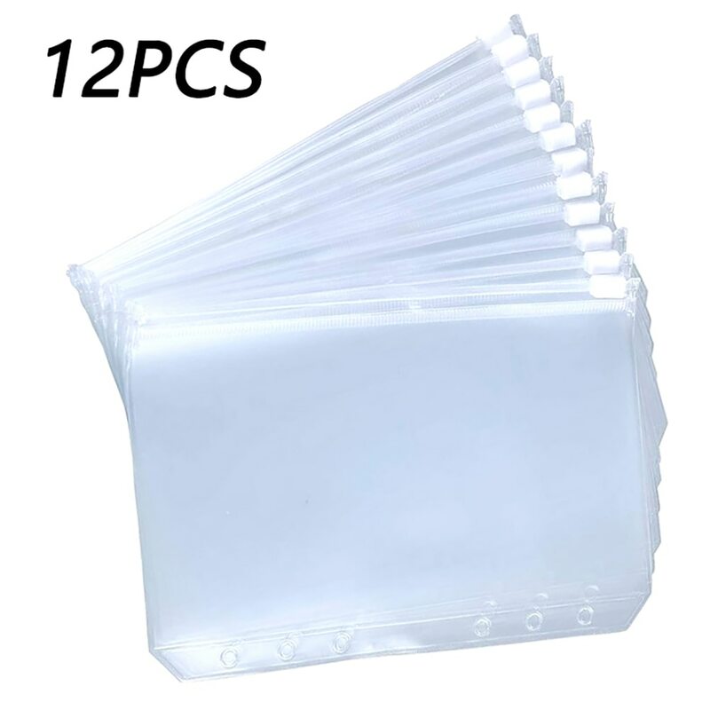 12pçs conveniente pvc a5 a6 a7, pastas de enrolador de zíper transparente com bolsos para caderno de 6 anéis, relatórios de fichário