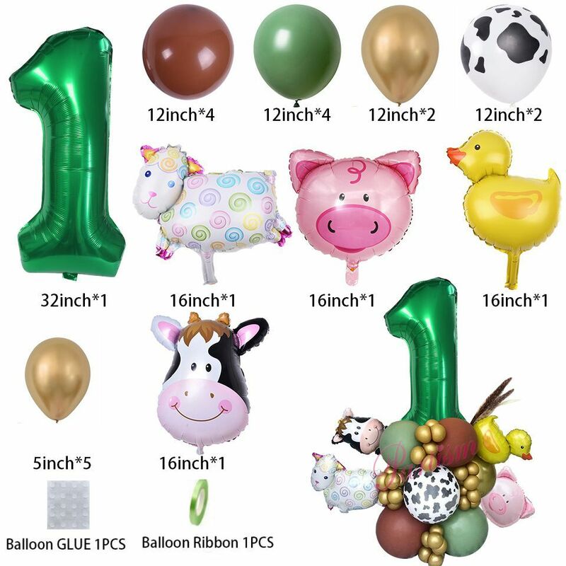 Juego de globos de número verde para niños, decoración de fiesta DIY, Tractor, tema de granja, feliz cumpleaños, 1 Juego