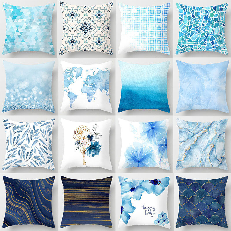 Funda de cojín geométrica de mármol azul lago para sofá, funda de almohada decorativa de poliéster, funda de almohada para decoración del hogar, 45x45cm