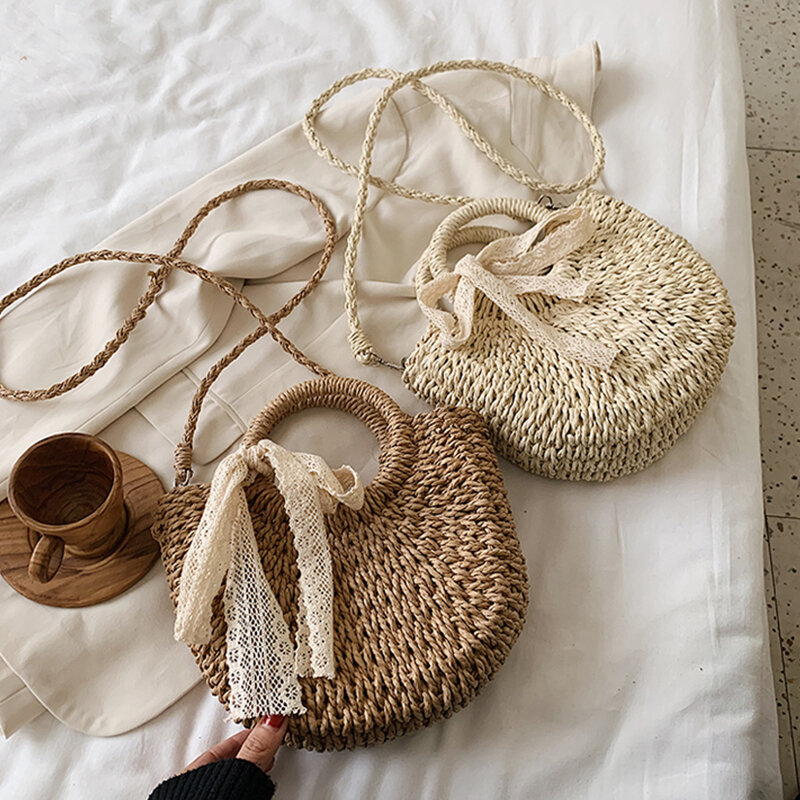 Bolso tejido con lazo para mujer, bolsa de paja tejida a mano, portátil, para vacaciones en la playa, novedad de 2021