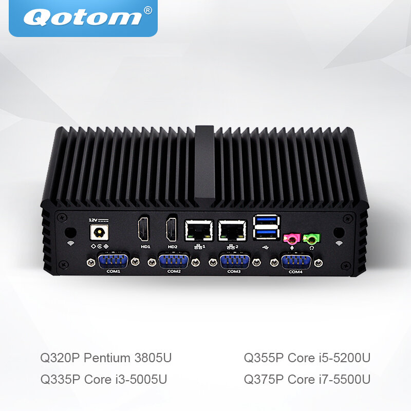 Qotom-Mini PC i3 i5 i7 AES-NI, con 2 Gigabit Ethernet LAN 6 COM, ordenador sin ventilador, Q300P