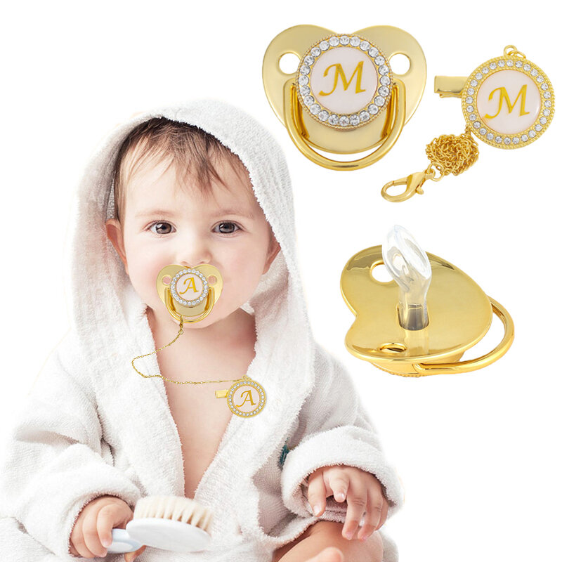 Chupete de silicona con letras iniciales para bebé, clip ostentoso dorado de lujo, sin BPA, con diamantes de imitación, para recién nacido