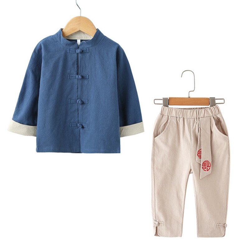 男の子服固体子供の綿と子供の着用唐スーツセット одежда для девочек 国家風韓服シャツパンツスーツ