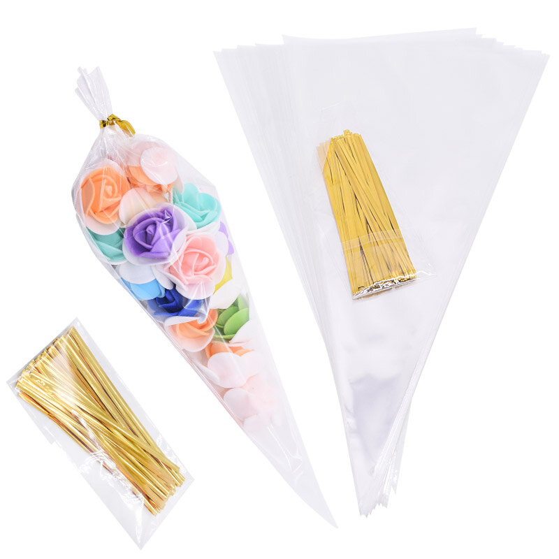 50 pz/lotto trasparente cono caramelle sacchetti di immagazzinaggio coni Transprant sacchetto di plastica Popcorn sacchetti di caramelle per Baby Shower bomboniere