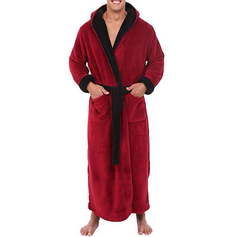 Jodimitty Men BathRobe Flannel Hooded Thick Casual Winter Autumn Long Kimono Robe Warm Home Sleepwear Bath Robe Pajama Nightgown